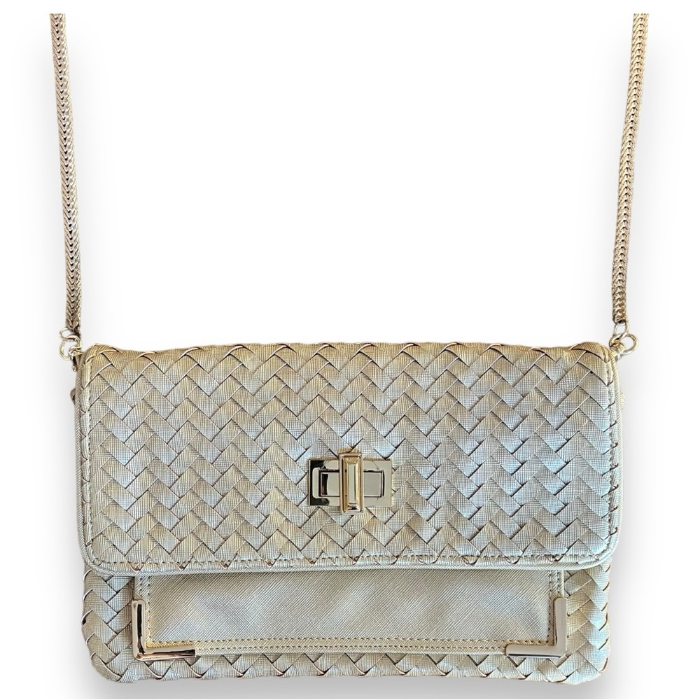 Deux Lux Convertible Crossbody Clutch Bag in Woven Metallic Gold Vegan Leather